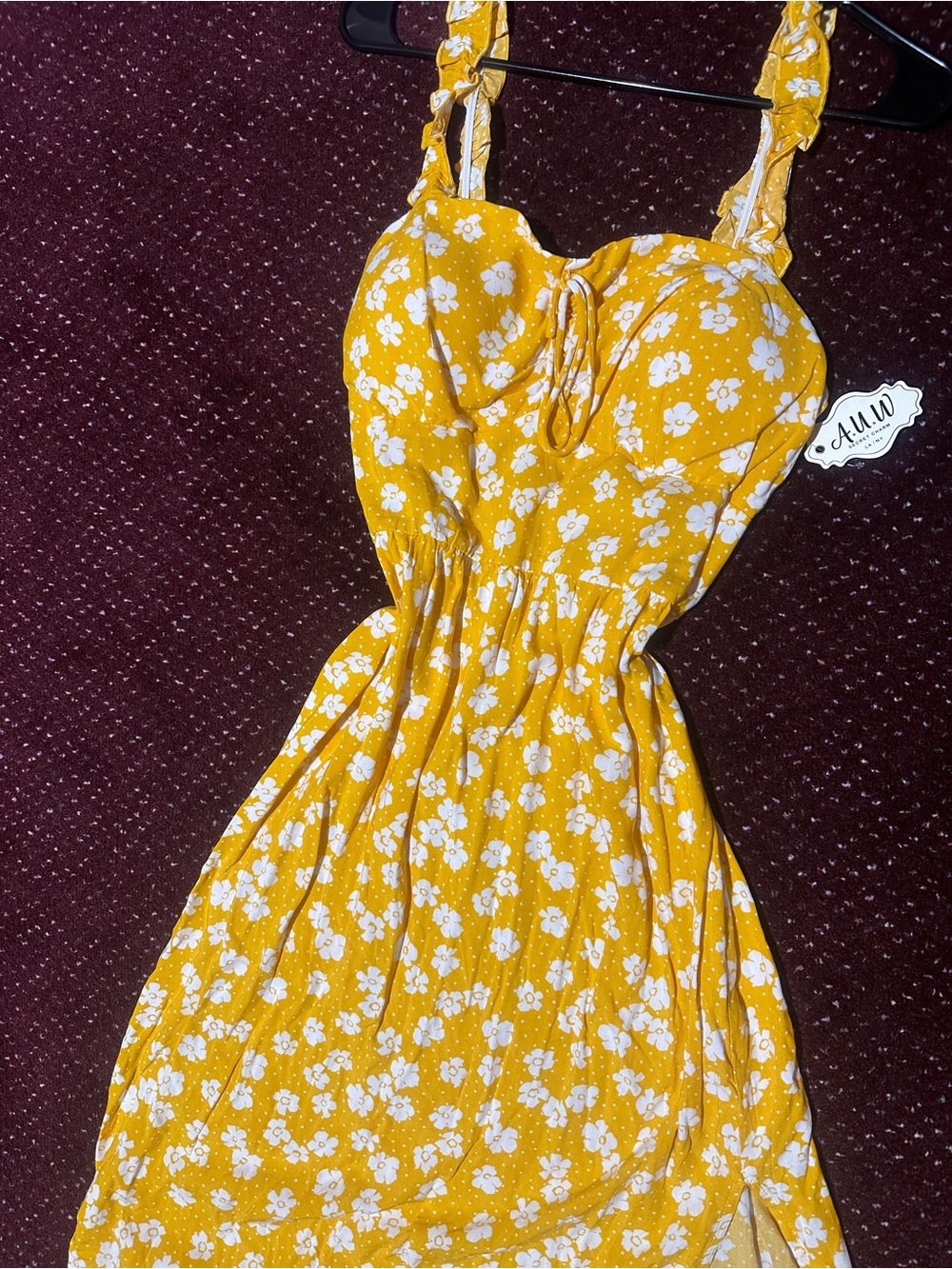 AUW Yellow Floral Midi Dress with White Blooms